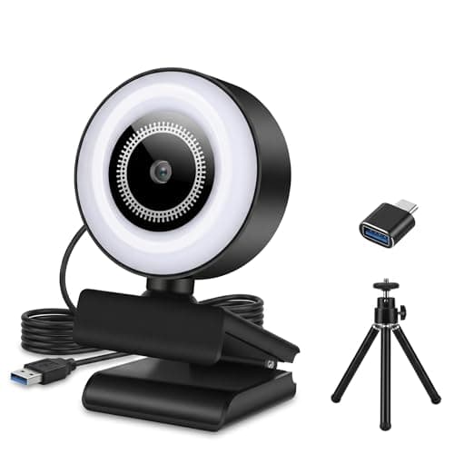 HUYEOOG 1080P HD Mini Webcam with 3-Color Fill Light, Wide Angle Lens, Noise Canceling Microphone and Tripod, USB C Adapter Included for Laptop Desktop Zoom Skype Streaming Gaming