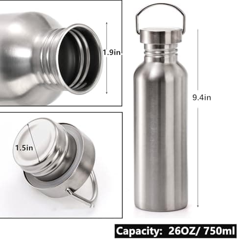 Yopay 2 Pack Stainless Steel Sports Water Bottles, 750ml / 26oz Single Walled 18/8 Stainless Steel Water Bottle with Handle, Uninsulate Metal Water Bottle for Cyclists, Runners, Hikers, Picnics — view 2