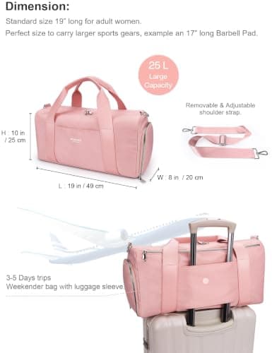 Gym Bag for Women,Pu Leather Handle,Dry Wet Separated with Shoe Compartment & Wet Pocket,Waterproof Duffle Bag for Travel Sports Fitness Workout Athletic (Pink,19"-Medium) — view 2