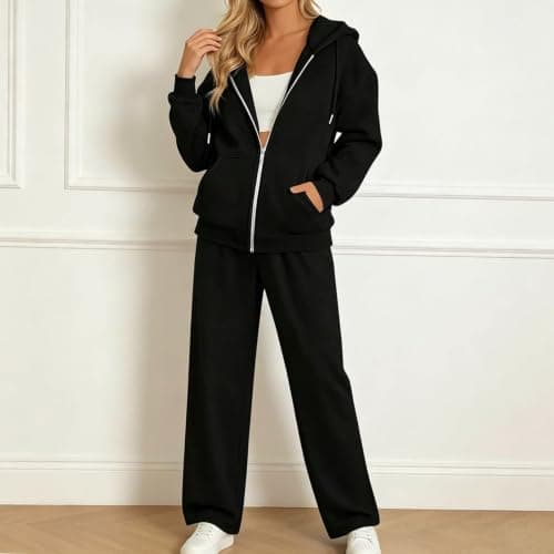 Womens Zip Up Hoodie Tracksuit Outfits,Hoodie Jacket and Wide Leg Trousers — view 2