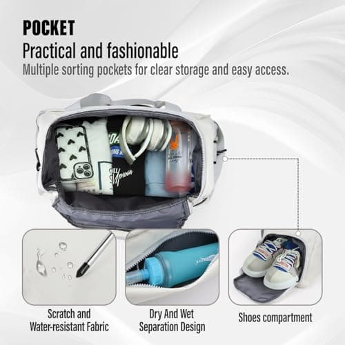 Viiotu Gym Bag with Shoe Compartment for Men Women, Water Resistant Oxford Fabric Duffle Bag with Wet Dry Pocket, Lightweight Sports Bag Travel Bag with Adjustable Strap for Fitness Weekend (White) — view 3