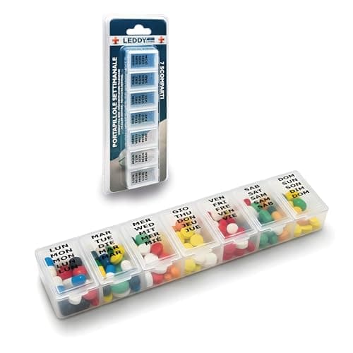 Weekly Pill Organizer Rectangular 7 Compartments 15.3x3.7 cm – Multilingual EN IT DE FR ES with Braille, Reinforced Hinges, Secure Closures