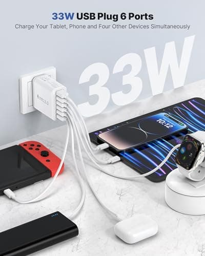 Tupneuf 2 Pack USB Plug UK, 33W 6 Port Multi Plug Multiport Charger Head with QC 3.0 Fast Charging, USB Wall Power Adapter for iPhone 16 15 14 13 12 11 10 8 7 Pro Max Plus, Samsung — view 2