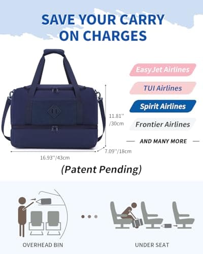 WANDF EasyJet Cabin Bag 45x36x20 - Underseat Travel Duffel with Shoe Compartment, USB Charging Port & Wet Pocket, Carry On Luggage for Overnight Weekend Gym for Women Men(Blue) — view 2