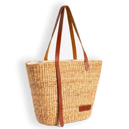CHANEVA Large Woven Tote Bag for Women, Water Hyacinth Straw Shoulder Bag with Leather Straps, Summer Beach Bag, Rattan Work Bag Fits A4, Handmade Boho Handbag for Ladies, 18x6x12 Inches