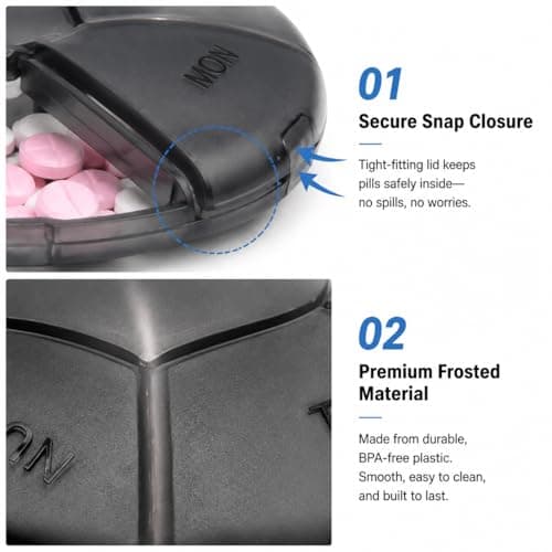 Weekly Pill Box Organiser, 7 Day Round Tablet Organiser, Easy Open Snap Shut Lids Portable Travel Pill Case, Black Medicine Organiser Tablet Box for Vitamins Supplements Medication — view 4