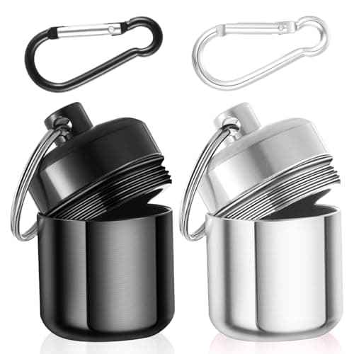 YUXIANLB 2 Pack Ear Plug Carrying Case Keychain, Waterproof Metal Earplug Case with Carabiner for Ear Plugs, Small Travel Pill Organizer Loops Earplugs Cases Keychain Container Holder (Silver, Black)