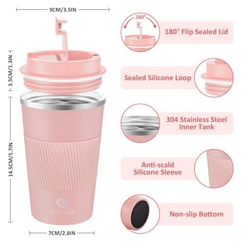 CS COSDDI Travel Mugs, Insulated Coffee Cup with Leakproof Lid - Reusable Coffee Cups Travel - Car Coffee Cup - Stainless Steel Coffee Mug for Hot and Cold Water and Tea, 380ml — view 2