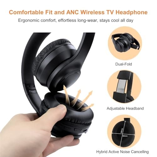Hybrid Active Noise Cancelling Wireless TV Headphones for Seniors, ANC TV Headset with 5-in-1 Transmitter (Optical/Coaxial/RCA/USB/AUX), No Audio Latency, Clear Voice, Compatible with TV/PC — view 3
