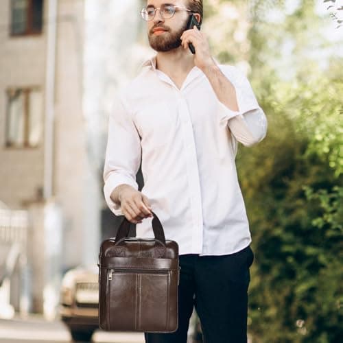 BAIGIO Mens Leather Handbag Crossbody Shoulder Messenger Bag Small Briefcase iPad Tablet Case for Work School Business Travel (Brown) — view 3