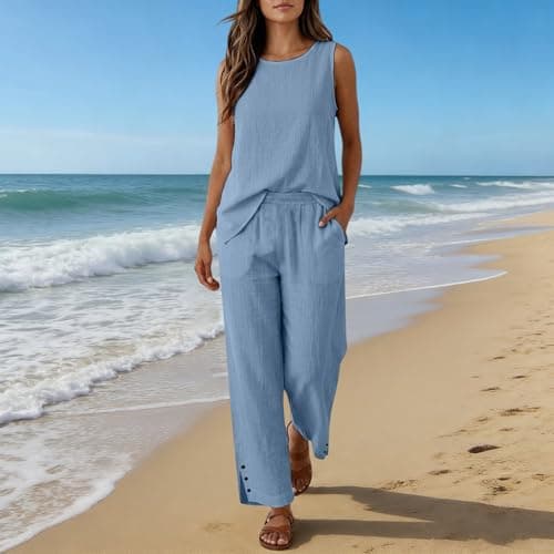 Blue Womens Linen Loungewear Set Sleeveless Top and Wide Leg Elastic Waist Trousers 2 Piece Lounge Wear Sets with Pockets Loose Fit Ladies Travel Tracksuit Fashionable Smart Casual Clothing Size 12 — view 2