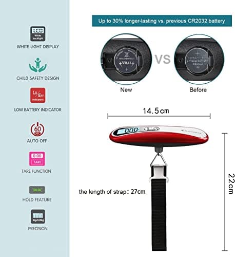 MYCARBON Luggage Scale Portable Digital Suitcase Scales for Travel Suitcase Luggage Bag with 110 lb/ 50KG Capacity (Red) — view 2