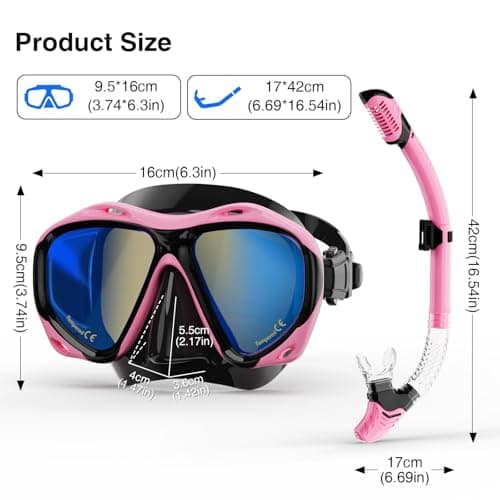 Snorkeling Gear for Adults, Snorkel Mask With Mirrored Tempered Glass Lens 180° Wide View Anti-Fog Scuba Diving Mask, Professional Snorkel Set for Swimming Diving (Black+Pink) — view 6