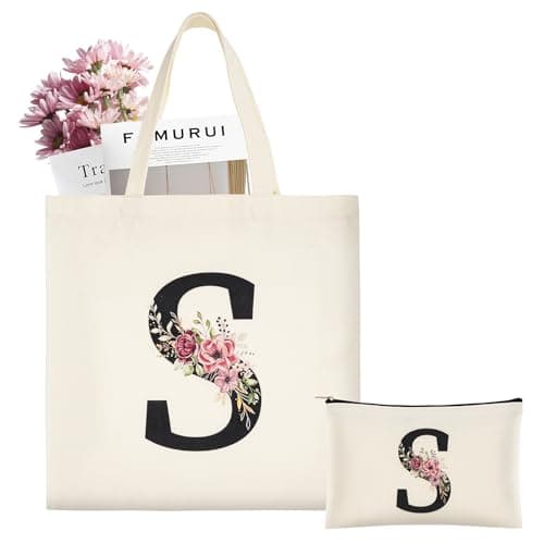 ABOHU Initial Canvas Tote Bag, Personalized Present Bag with Floral Makeup Bag, Premium Cotton Tote Bags for Wedding, Birthday, Beach, Holiday, Great Gift for Women, Mom, Teacher, Friends, Bridesmaids