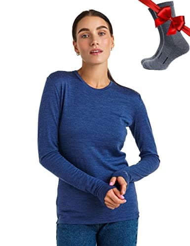 100% Merino Wool Base Layer Womens - Long Sleeve Thermal Shirts + Socks (Medium, 165 Windsor Blue)