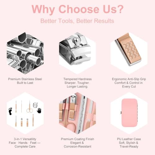 ALIIP Manicure Set 7-Piece Professional Nail Clipper Set with Leather Case, Portable Travel Nail Care Kit for Women, Stainless Steel Nail Grooming Kit for Home & Gifts,Pink — view 5
