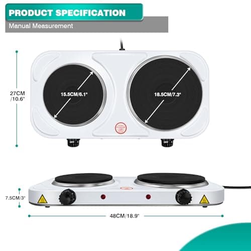 Electric Hot Plate 2 Ring Hobs with Cast Iron Heating Plates and Variable Heat Settings Control 1000W & 1500W Hobs, Overheat Protection Ideal for Cooking for Home/Travel/Camping and Caravans White — view 2