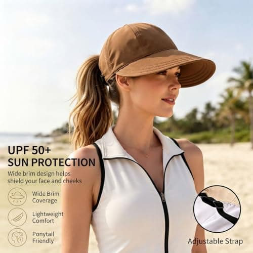 Women's Wide Brim Sun Visor Hat, UPF 50+ UV Protection Cap for Ponytails, Adjustable Packable Breathable Sun Visor Hat for Travel Golf Beach Fishing Daily Wear，Beige — view 4