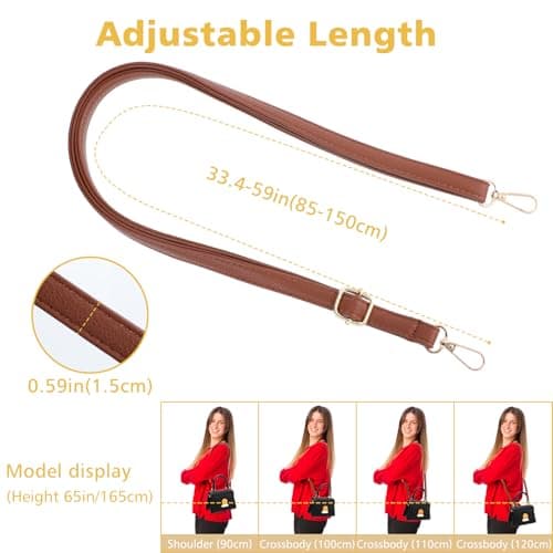 Telooco Purse Strap Replacement 85-150cm Adjustable Leather Belt for Purse Crossbody Bag Handbags (Brown Strap, Gold Buckle) — view 2