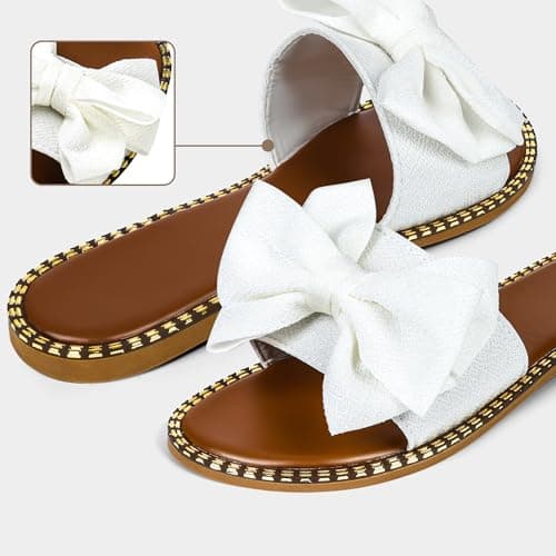 Sksshion Women's Bow Knot Slides Open Toe Flat Sandals Summer Slip On Slippers White 6 — view 5