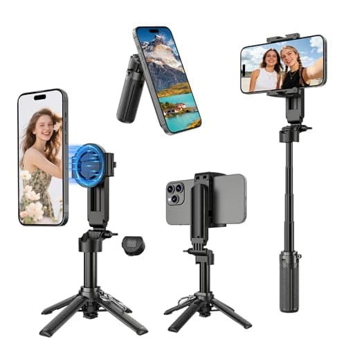 Magnetic Tripod for iPhone, 14.5" Mini Selfie Stick with Remote for MagSafe, Portable Pocket Size Selfie Stick with Metal Ring, Small/Compact Cell Phone Stand for Recording, Travel and Vlogging-Black