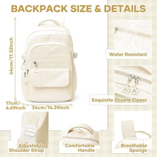 HYC00 School Backpacks for Teenage Girls Boys Casual Daypacks Lightweight School Bags for Girls Secondary High College Bookbag Lightweight Schoolbag Travel Rucksack Work Bag for Women Men,Beige — view 2