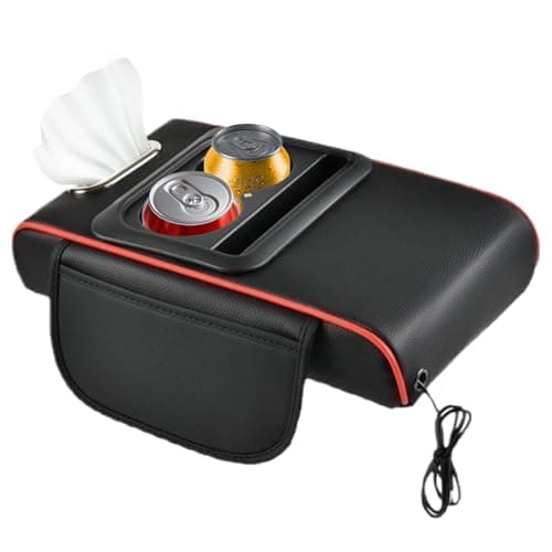 Vehicle Seat Storage Box - Leather 13.78 Inches Organizer | Cup Holder Console Caddy | Projector Light Phone Pocket | Multifunction Interior Accessory for Truck SUV Sedan RV Driving Travel
