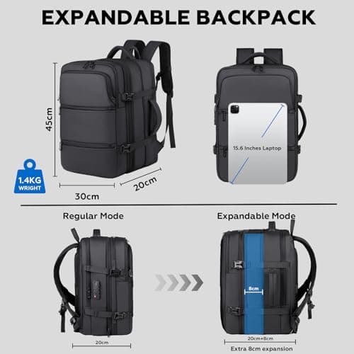 Vacuum Backpack Travel Bag with Pump, Easyjet Cabin Bag 45x36x20 Large Hand Luggage, 50L Black Backpacks with Laptop Compartment, Personalised Carry On Bag for Women Men Air Compression Backpack — view 6