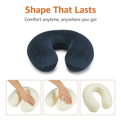 Amazon Basics Memory Foam Travel Neck Pillow with Removable Cover and Elastic Carrying Strap, Navy Blue, Semicircular — view 4