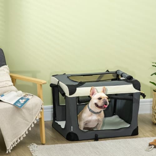 PawHut 70cm Foldable Pet Carrier for Small Dogs Cat Carrier Grey — view 2