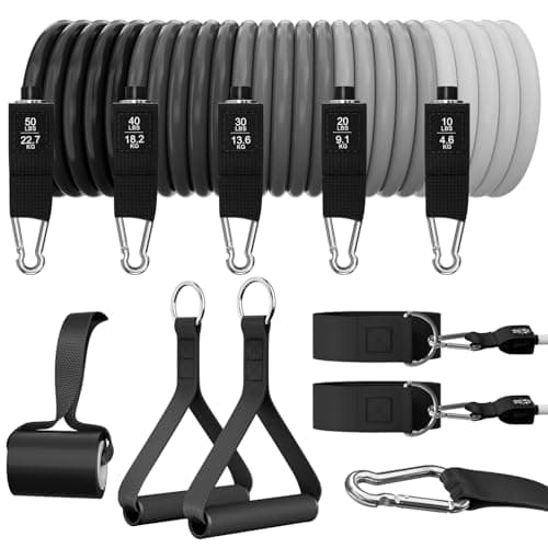 WHATAFIT Resistance Bands Set, Exercise Bands with Door Anchor, Handles, Waterproof Carry Bag, Legs Ankle Straps for Resistance Training, Physical Therapy, Home Workouts (White to Black)