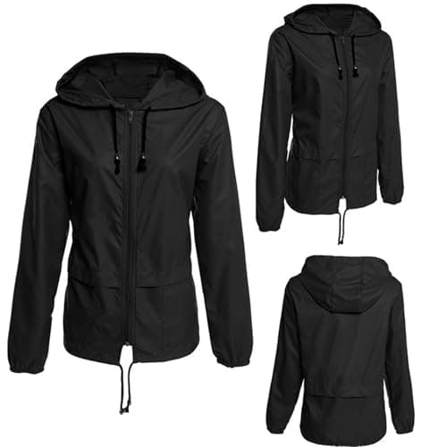 JiaYouLC Women's Lightweight Waterproof Jacket Packable Hooded Raincoat in a Bag Sun Protection Windproof Rain Jacket (UK, Alpha, XL, Regular, Regular, Black) — view 6