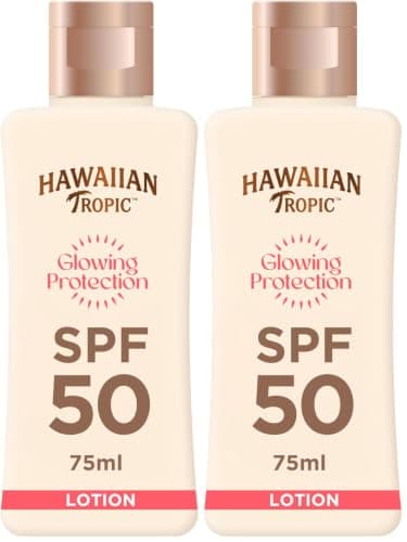 Hawaiian Tropic Glowing Protection Sunscreen Lotion, Water Resistant SPF 50 UVA + UVB Protection Suncream, Travel Size, Tropical Scent Sun Lotion with Shea Butter, 75 ml (Pack of 2)