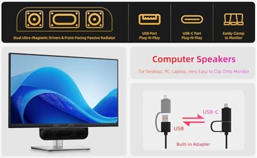 YsyYey USB Stereo PC Speaker with Monitor Clip, Soundbar with Enhanced Bass, Passive Radiator & 3-Button Control, Plug and Play – Windows/macOS, Home Office & Zoom — view 2