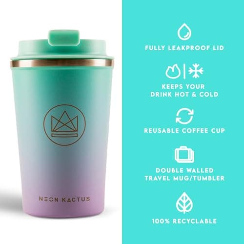 Neon Kactus Insulated Reusable Coffee Cup/Travel Mug (Purple/Green) — view 3