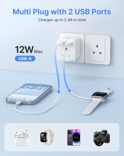 VINTAR Plug Adaptor with 2 USB, 3 Way Plugs Extension Multiplug Socket — view 3