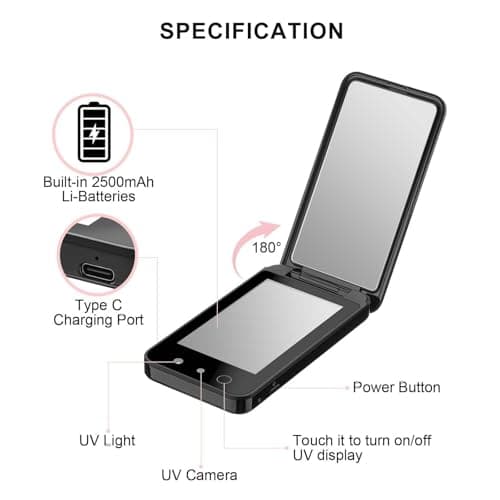 UV Mirror for Sunscreen Test, with UV Mirror Sunscreen Camera, Sun Protection Visualization Rechargeable Travel Makeup Mirror, 4inch Pocket, with USB-C Charging Cable,Black — view 5