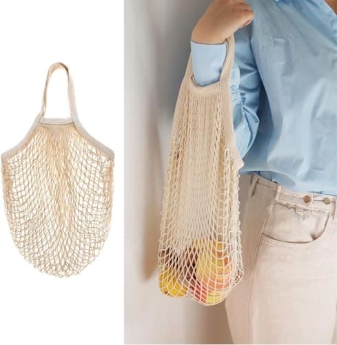 VNIDJGB 2 Pcs Grocery String Bags,Beige Reusable Cotton String Bag,Portable Eco-Friendly Portable Mesh Produce Bags,Lightweight Grocery Shopping Bag,for Storage Outgoing Travel,Vegetables(2 Sizes) — view 2