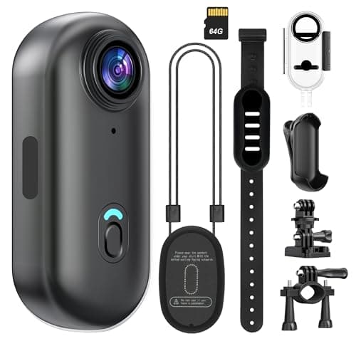 4K Mini POV Camera with 64GB Card, Thumb Size WiFi Body Cam, Waterproof Wearable Hand Free Portable Action Cam, Ultra Wide Angle View, Mount Anywhere for Pets, Cycling, Swimming, Vlogging, Black
