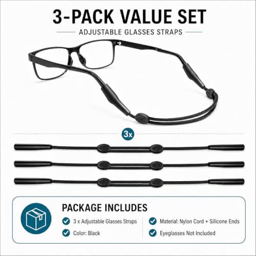 3 Pack Adjustable Glasses Strap for Sports, Anti-Slip Eyewear Retainer Cord with Silicone Ends, Nylon Holder for Glasses and Sunglasses, Secure Fit for Running, Cycling, Gym, Travel and Daily Use — view 3