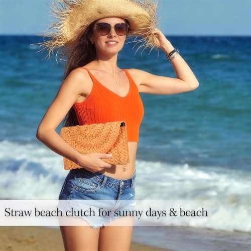 Paxory Straw Beach Clutch Bag for Women, Summer Boho Handmade Woven Beach Handbag, Casual Straw Clutch Bags for Summer Sandybeach Travel Holiday Vacation (Orange) — view 6