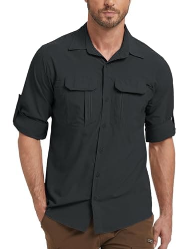 Peysuck Men's Safari Shirts, UPF 50 Sun UV Protection Shirt Black Gray