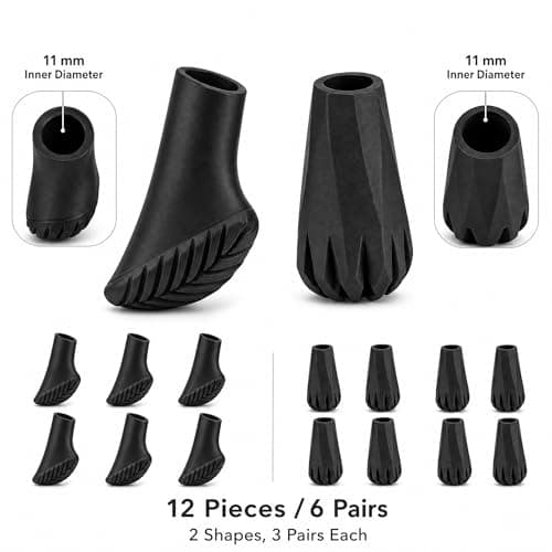 Nordic Walking Poles Rubber Buffer 12 Pieces 11mm 2 Shapes 3 Pairs Black For Hiking Poles Trekking Poles - Asphalt, Gravel Mountains. Universal Fit, Durable, Replacement Parts — view 2
