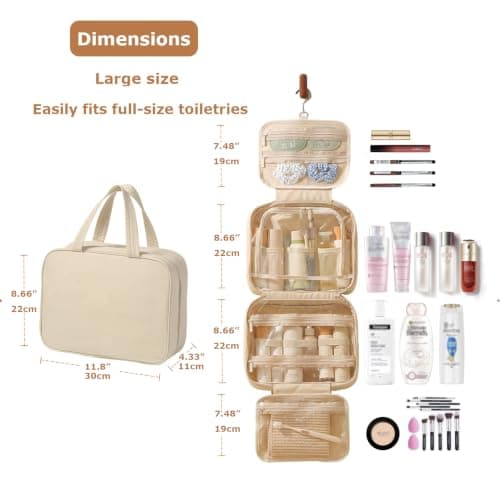 Large Hanging Travel Toiletry Bag for Women, Full Size Wash Bag,Beige — view 5