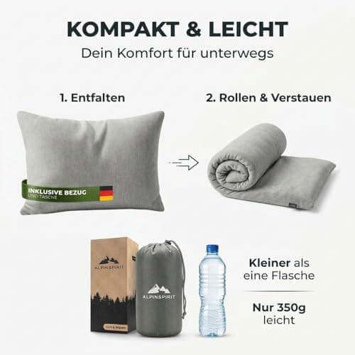 AlpinSpirit Camping and Travel Pillow [100% Cotton] Ultralight Memory Foam Pillow, Washable at 30 Degrees, Small Pack Size, Travel Pillow, 40 x 30 cm, Lightweight & Compact for Outdoors, Camping — view 3