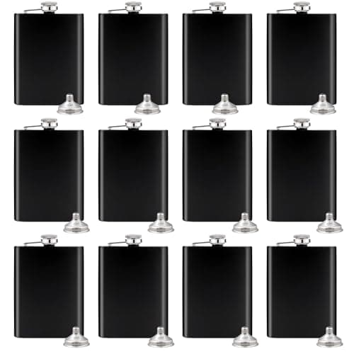 12 Pack 8 oz Hip Flasks with Funnels, Black Stainless Steel Pocket Flasks