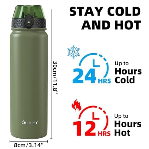 OLDLEY Stainless Steel Water Bottle with Straw 1L Vaccum Insulated Large Drink Flask Metal Water Bottles 1 Litre Leakproof Keep Drinks Hot Cold for Camping Sports Gym Adult Women Men(Olive, 1 Lid) — view 4
