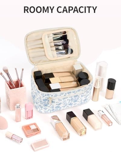Travel Makeup Bag Quilted Fabric Large Cosmetic Bag with Brush Compartment, Blue Flower — view 5