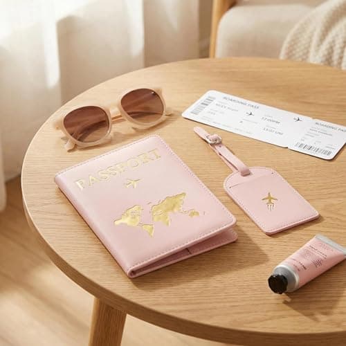 SINJAETRQ Passport Holder Travel Wallet RFID Blocking, PU Leather Travel Document Organiser with Luggage Tag,Document Organiser, Holiday Travel Essentials for Men & Women (Pink) — view 5