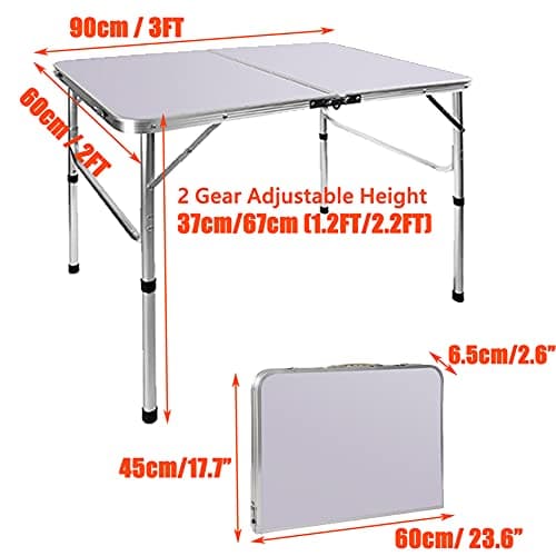 Picnic Folding Tables, 3ft Heavy Duty Aluminium Foldable Portable Adjustable Height Lightweight for Camping with Carry Handle for Indoor Kitchen, Dinner, Catering, Buffet and Garden (90x60x37/67cm) — view 2